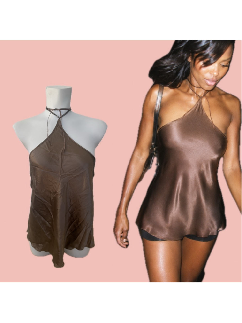 Intimissimi 100% Silk Chain Halter Babydoll Top NWT Brown Size M